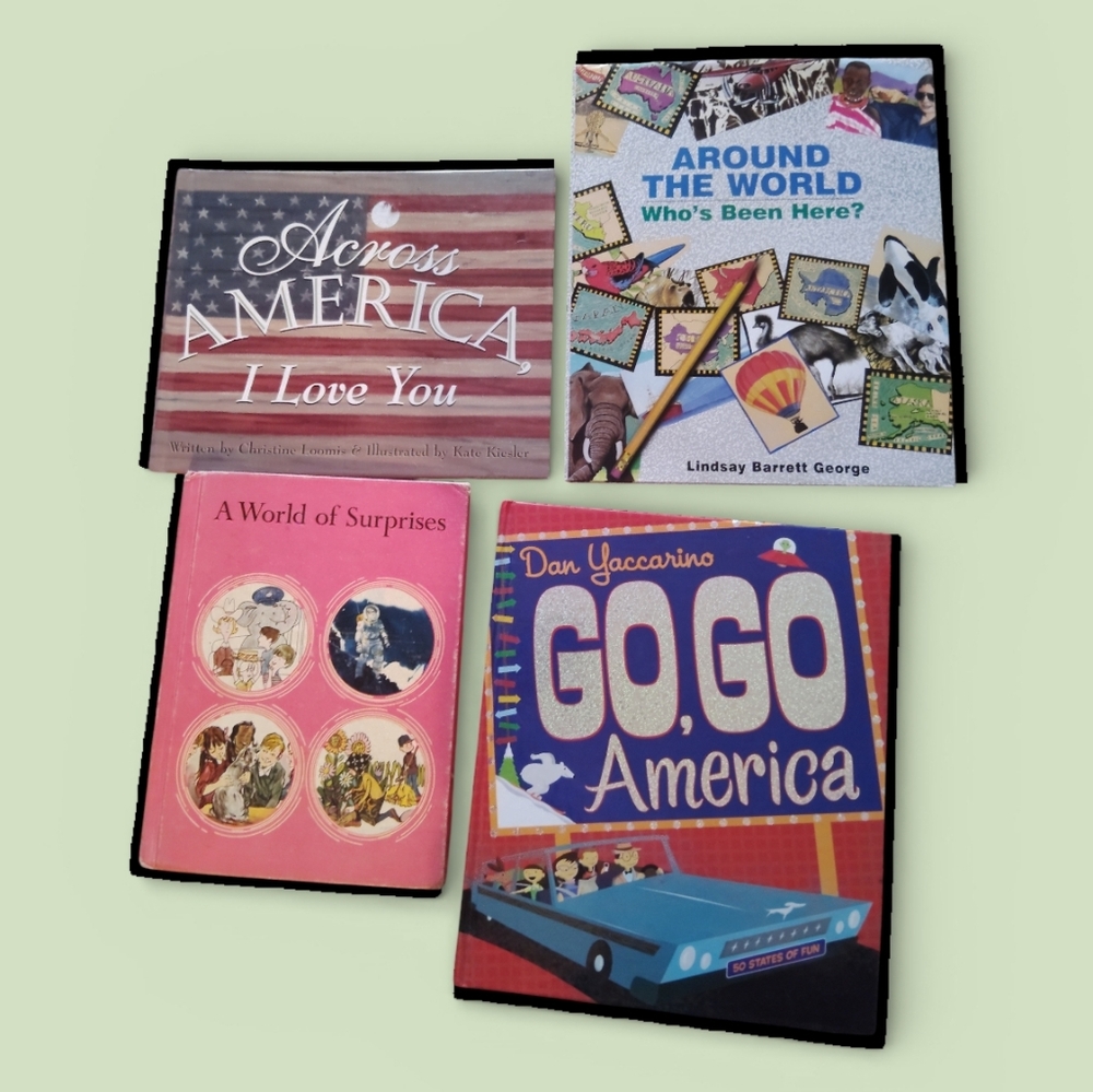 Set of Four Colorful Childrens Books To Explore America & The World Vintage
